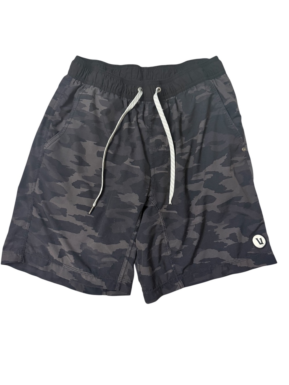 Vuori Black Camo Athletic Shorts with White Drawstring